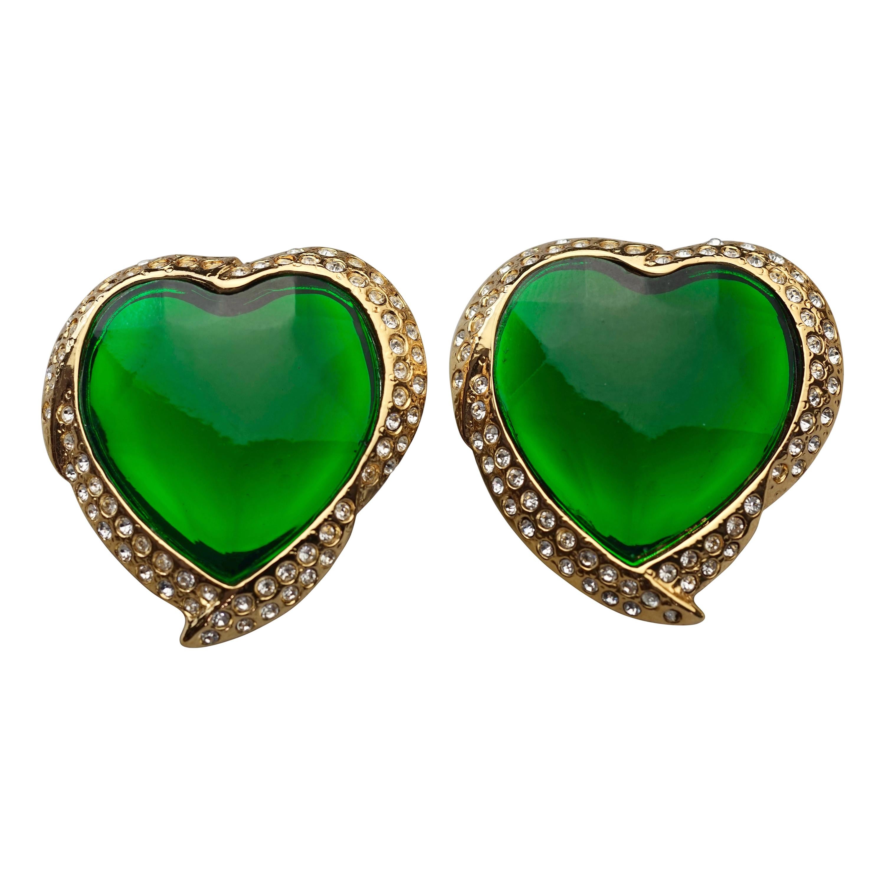 Vintage YVES SAINT LAURENT Ysl Emerald Green Faceted Heart Rhinestone Earrings