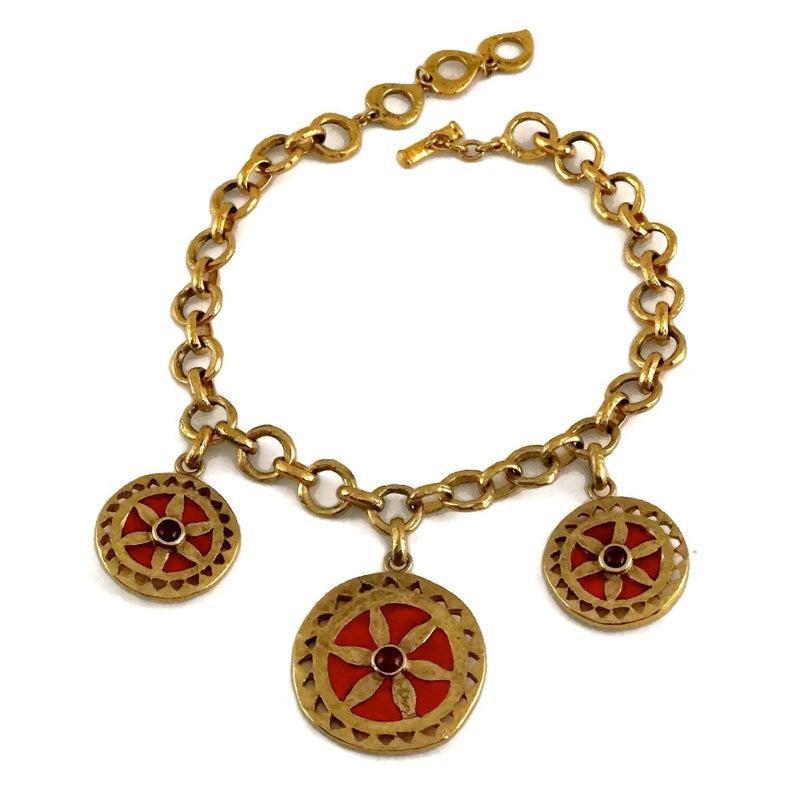 Vintage YVES SAINT LAURENT Ysl Enamel Disc Cabochon Double Sided Necklace In Excellent Condition For Sale In Kingersheim, Alsace