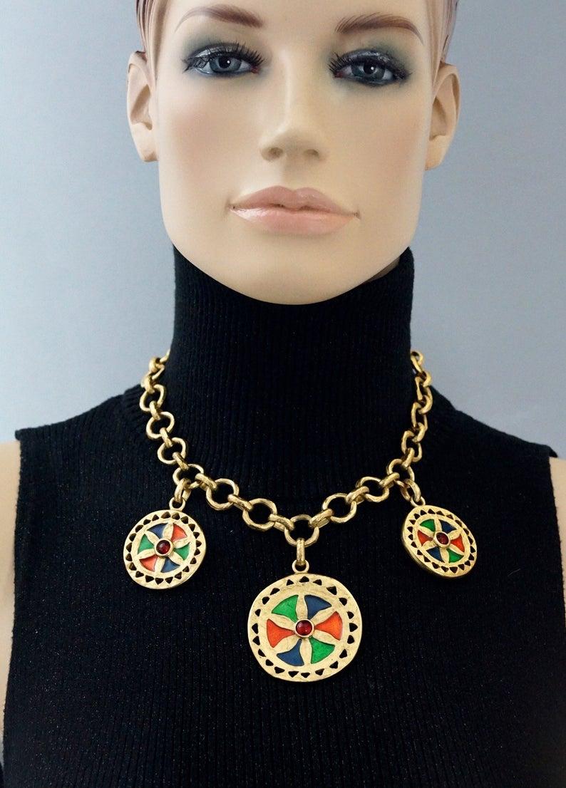 Vintage YVES SAINT LAURENT Ysl Enamel Disc Cabochon Double Sided Necklace For Sale 3