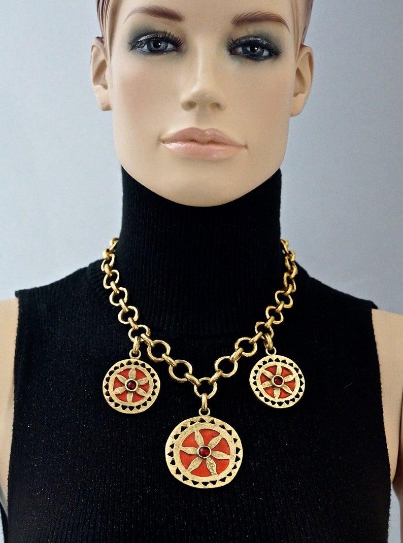 Vintage YVES SAINT LAURENT Ysl Enamel Disc Cabochon Double Sided Necklace For Sale 4