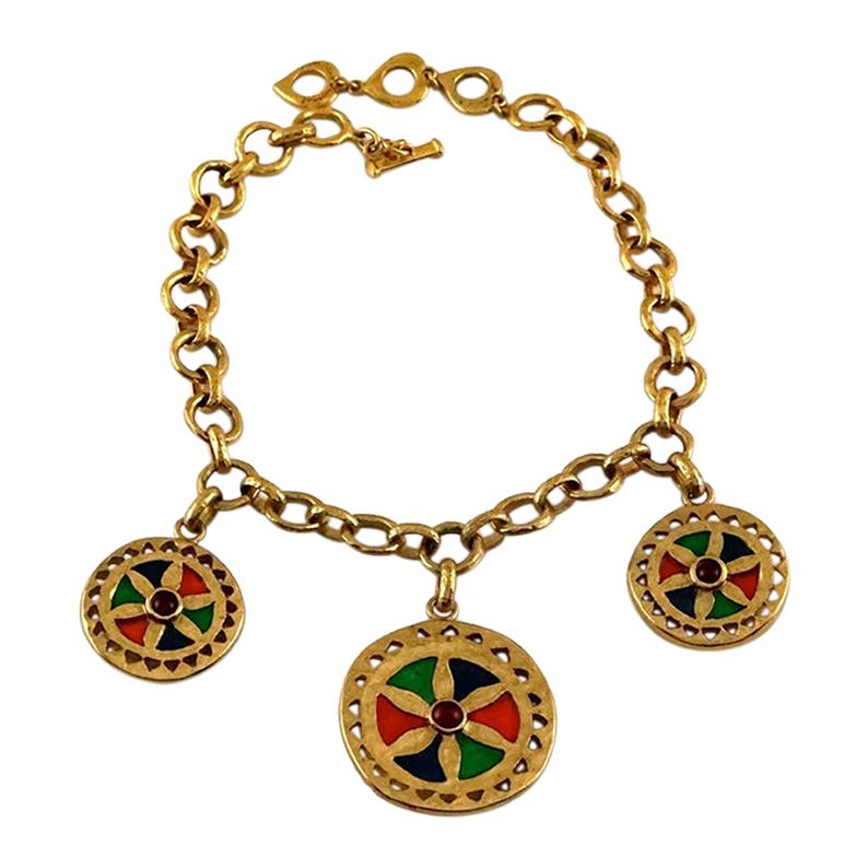 Vintage YVES SAINT LAURENT Ysl Enamel Disc Cabochon Double Sided Necklace For Sale