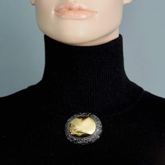 Vintage YVES SAINT LAURENT Ysl Etched Gold Gunmetal Oval  Brooch