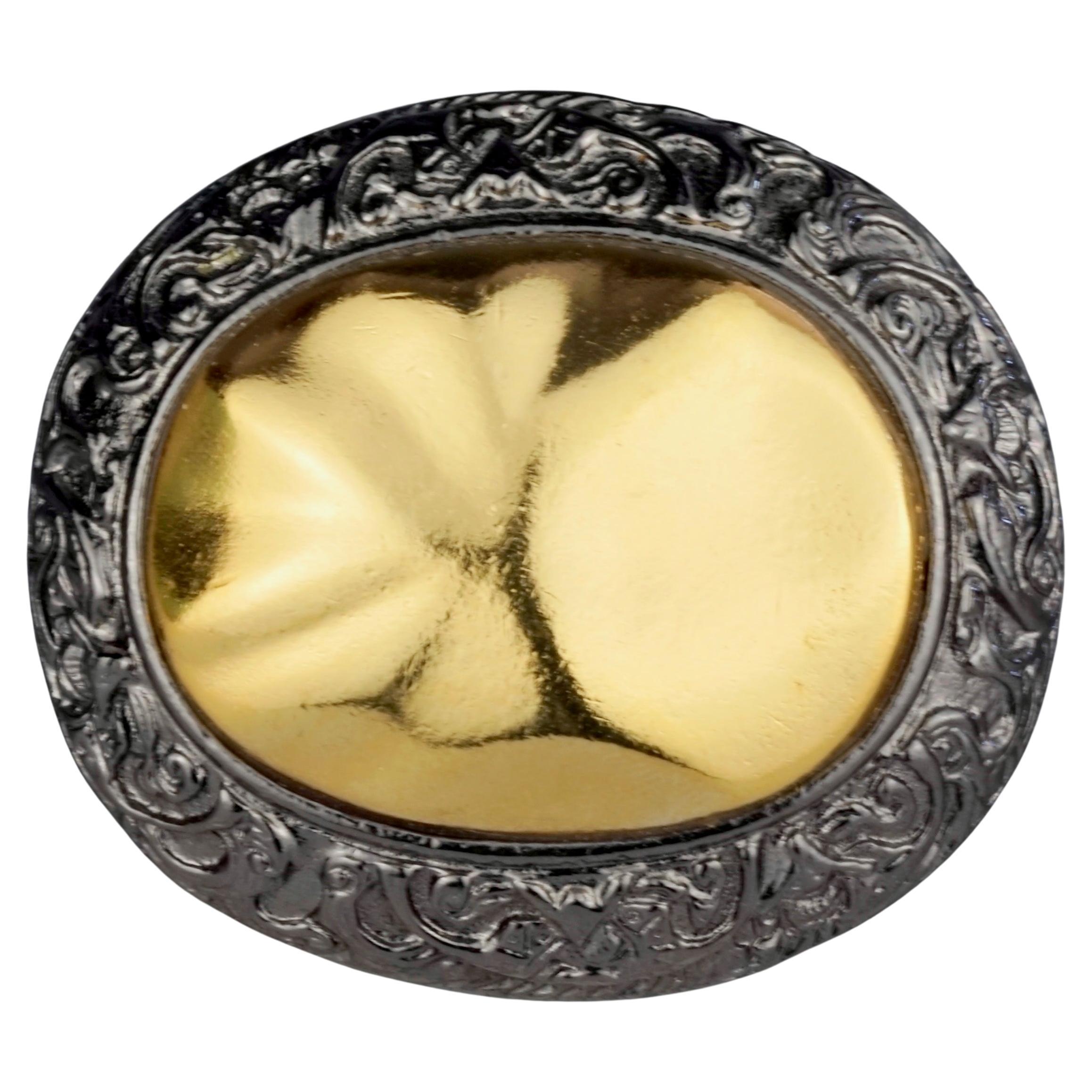 Vintage YVES SAINT LAURENT Ysl Etched Gold Gunmetal Oval  Brooch For Sale