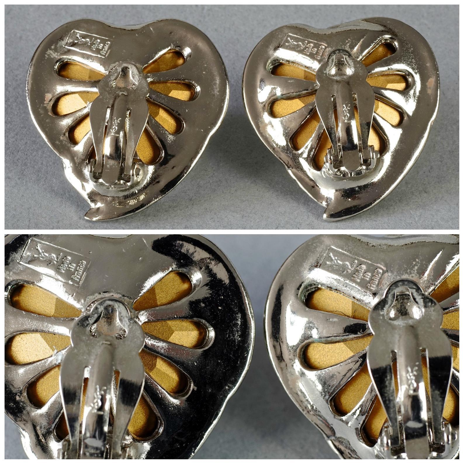 Vintage YVES SAINT LAURENT Ysl Faceted Heart Rhinestone Earrings 5