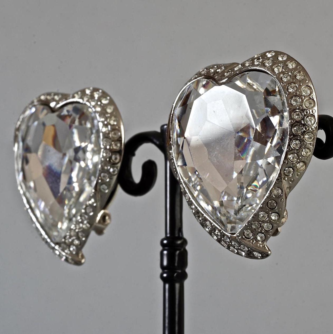Vintage YVES SAINT LAURENT Ysl Faceted Heart Rhinestone Earrings 2