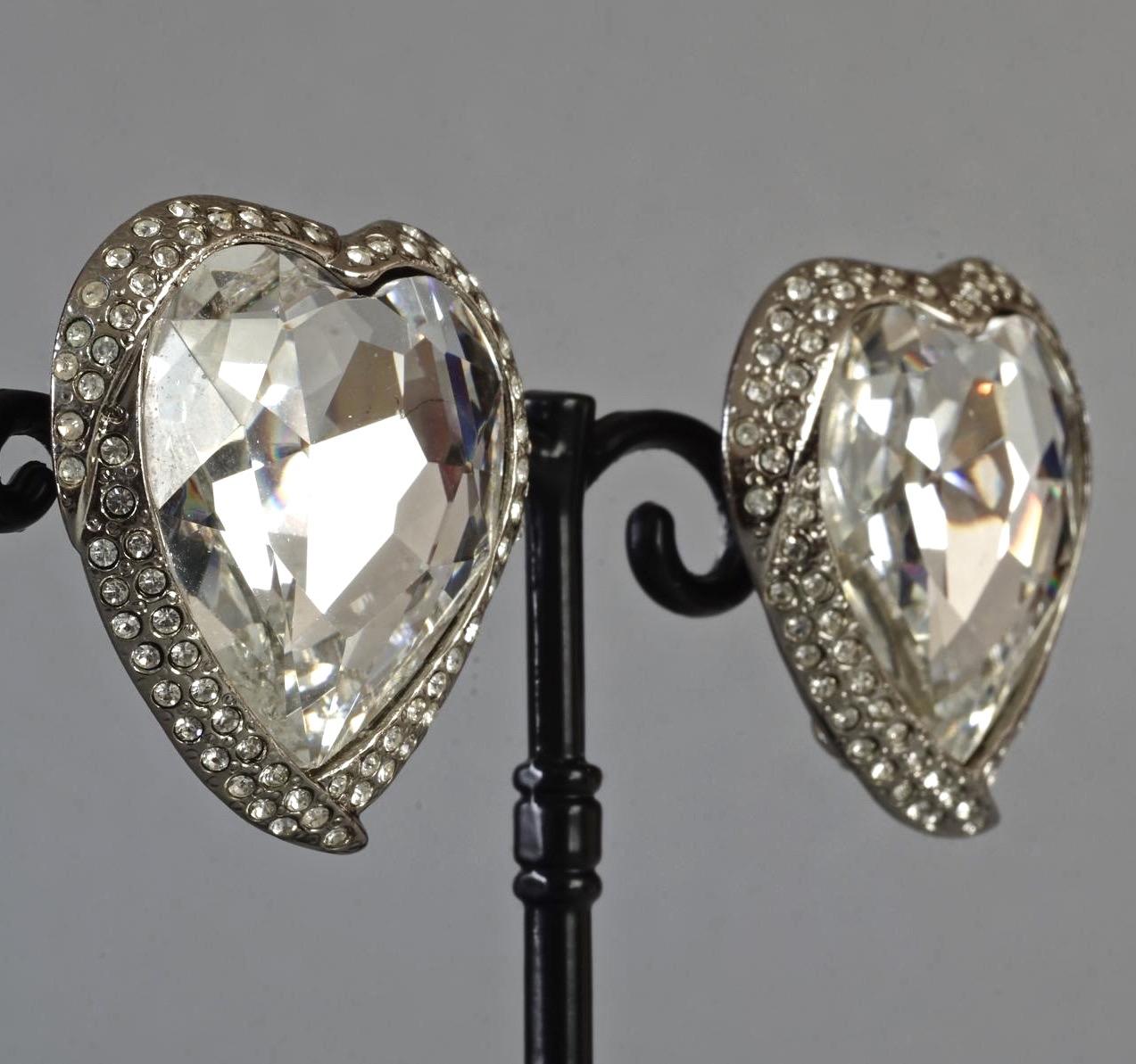 Vintage YVES SAINT LAURENT Ysl Faceted Heart Rhinestone Earrings 3