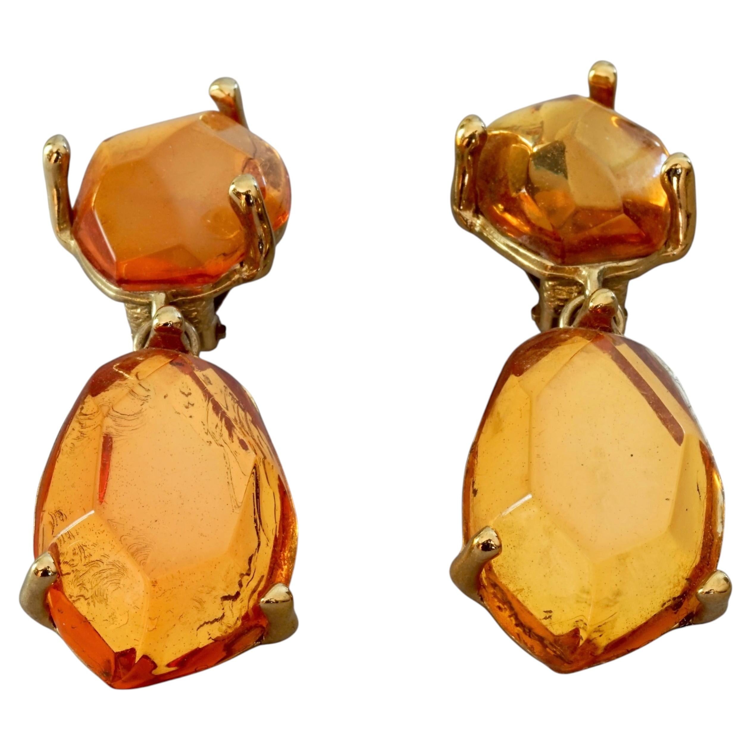Vintage YVES SAINT LAURENT Ysl Faceted Orange Stones Dangling Earrings