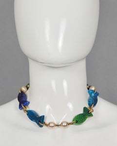 Vintage YVES SAINT LAURENT Ysl Fish Shell Charm Nautical Necklace