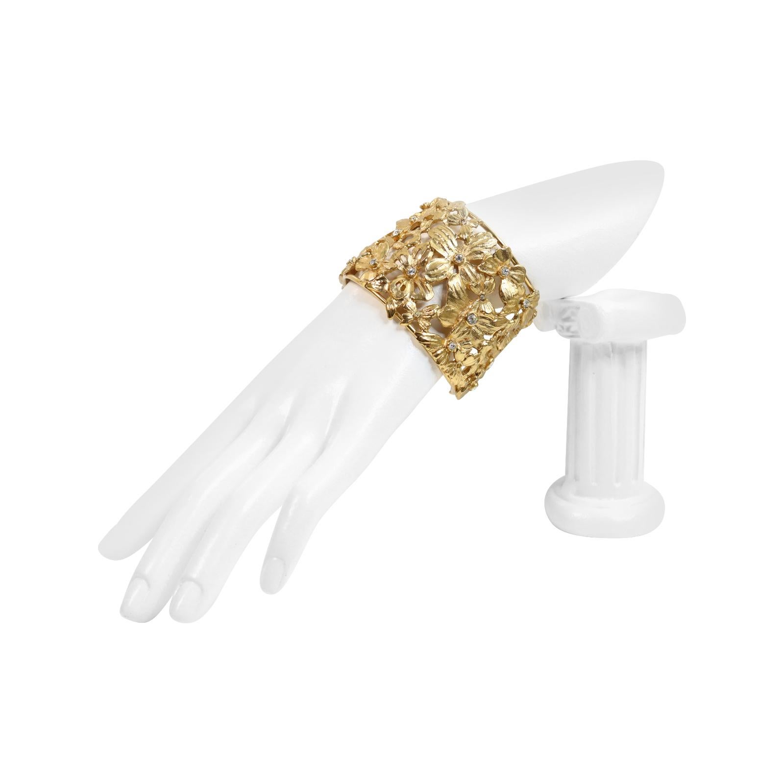 Artist Vintage Yves Saint Laurent YSL Flower and Butterfly Gold Crystal Cuff Circa 1980 For Sale