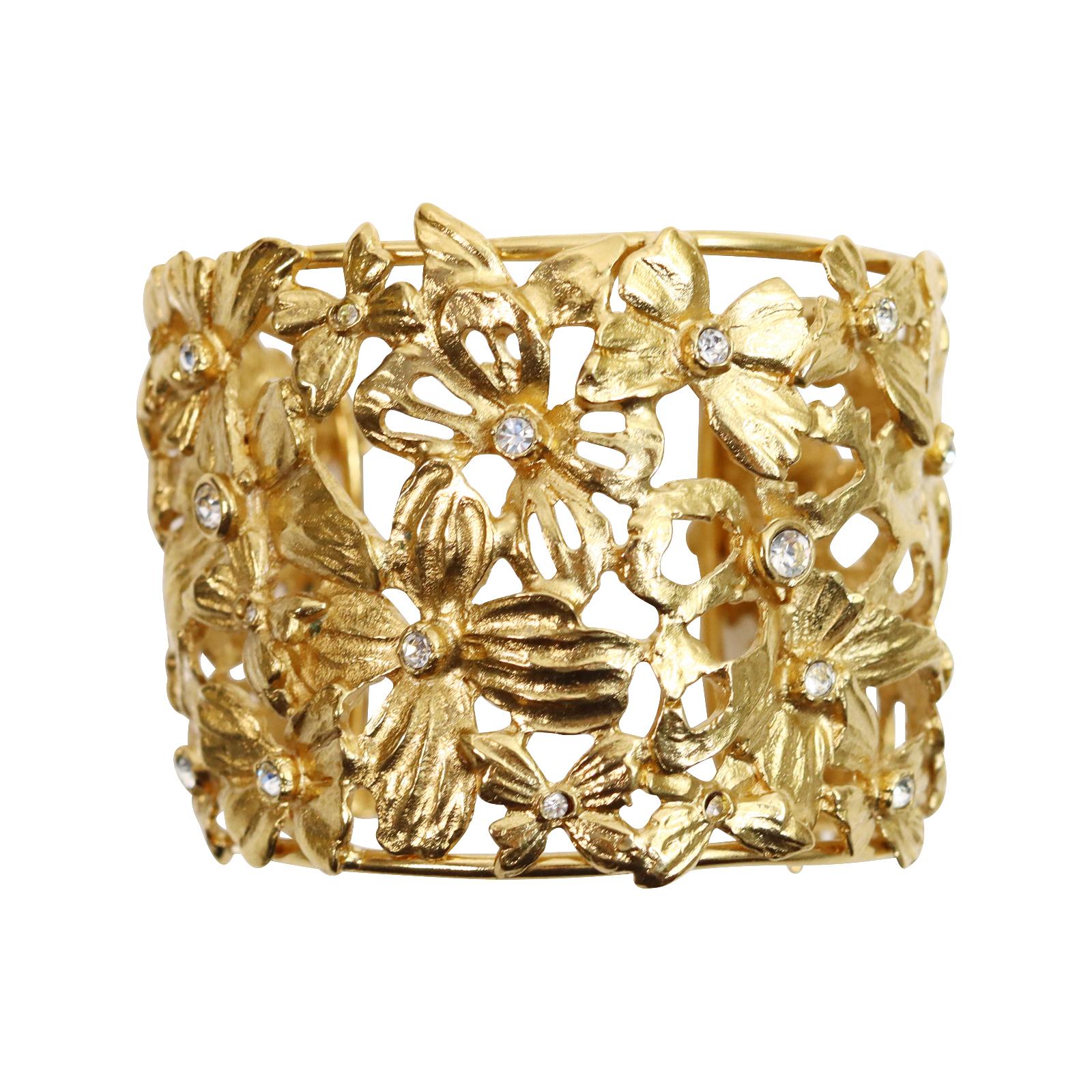 Vintage Yves Saint Laurent YSL Flower and Butterfly Gold Crystal Cuff Circa 1980 For Sale 1