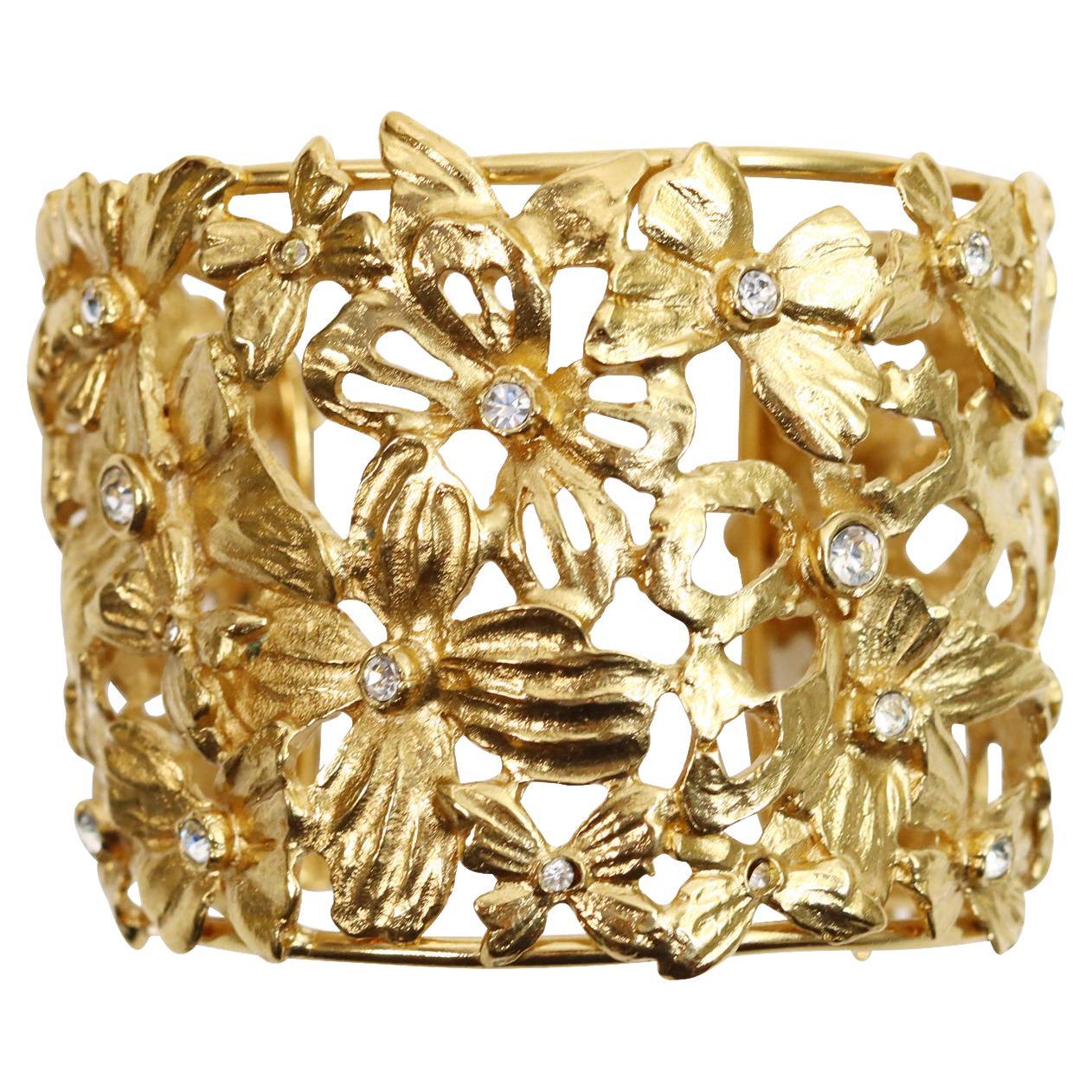 Vintage Yves Saint Laurent YSL Flower and Butterfly Gold Crystal Cuff Circa 1980
