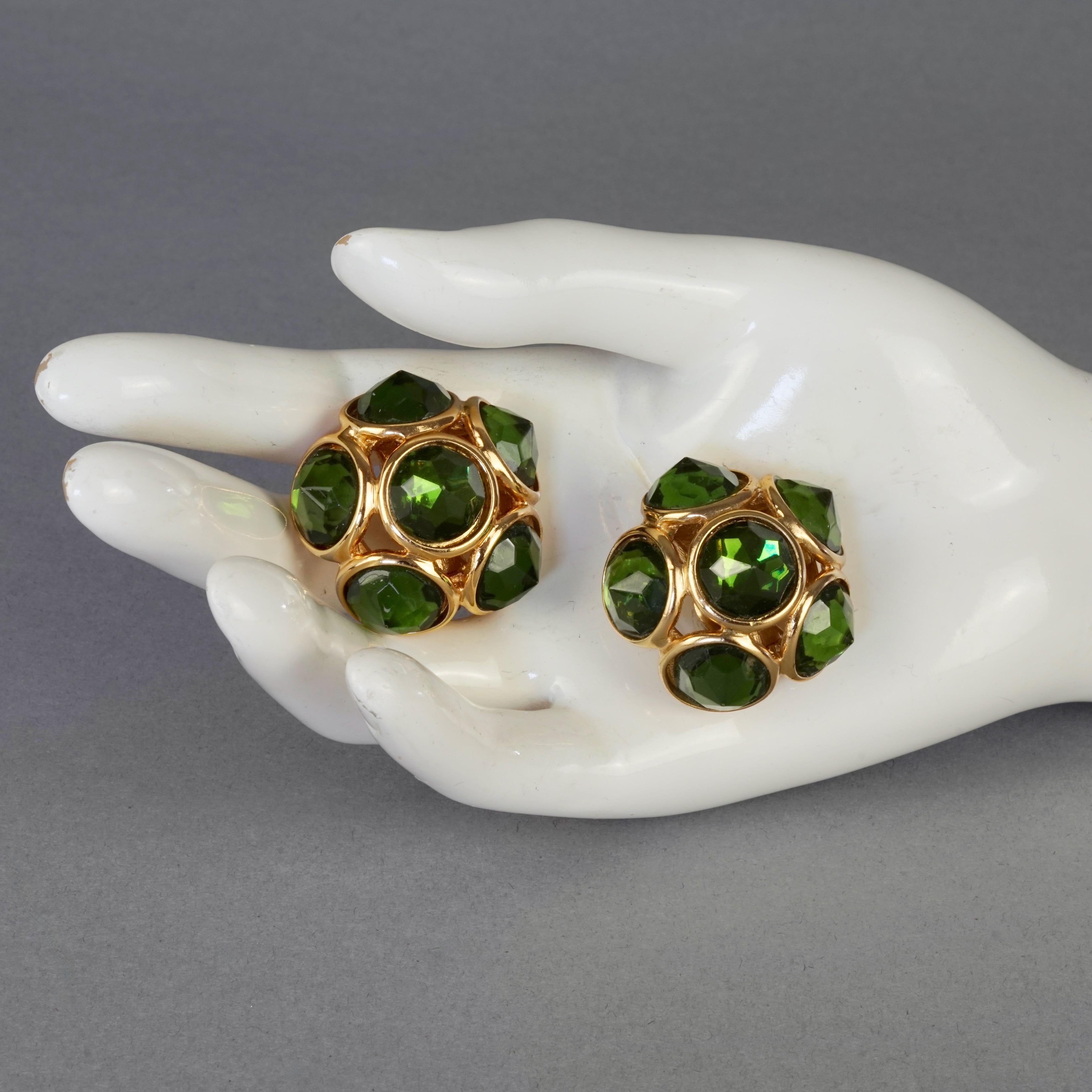 Vintage YVES SAINT LAURENT Ysl Flower Dome Green Rhinestones Earrings For Sale 5