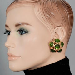 Vintage YVES SAINT LAURENT Ysl Flower Dome Green Rhinestones Earrings