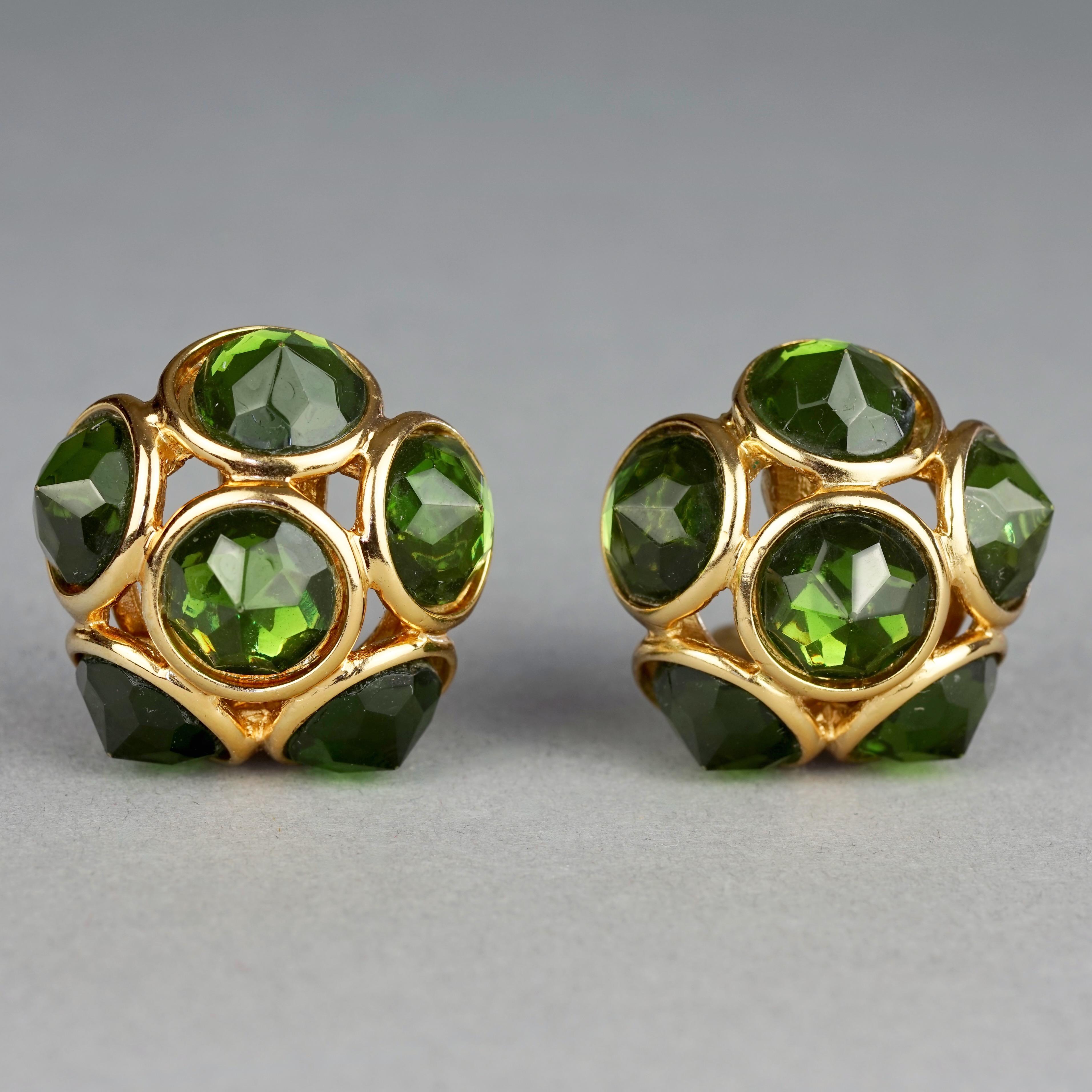 Vintage YVES SAINT LAURENT Ysl Flower Dome Green Rhinestones Earrings For Sale 1