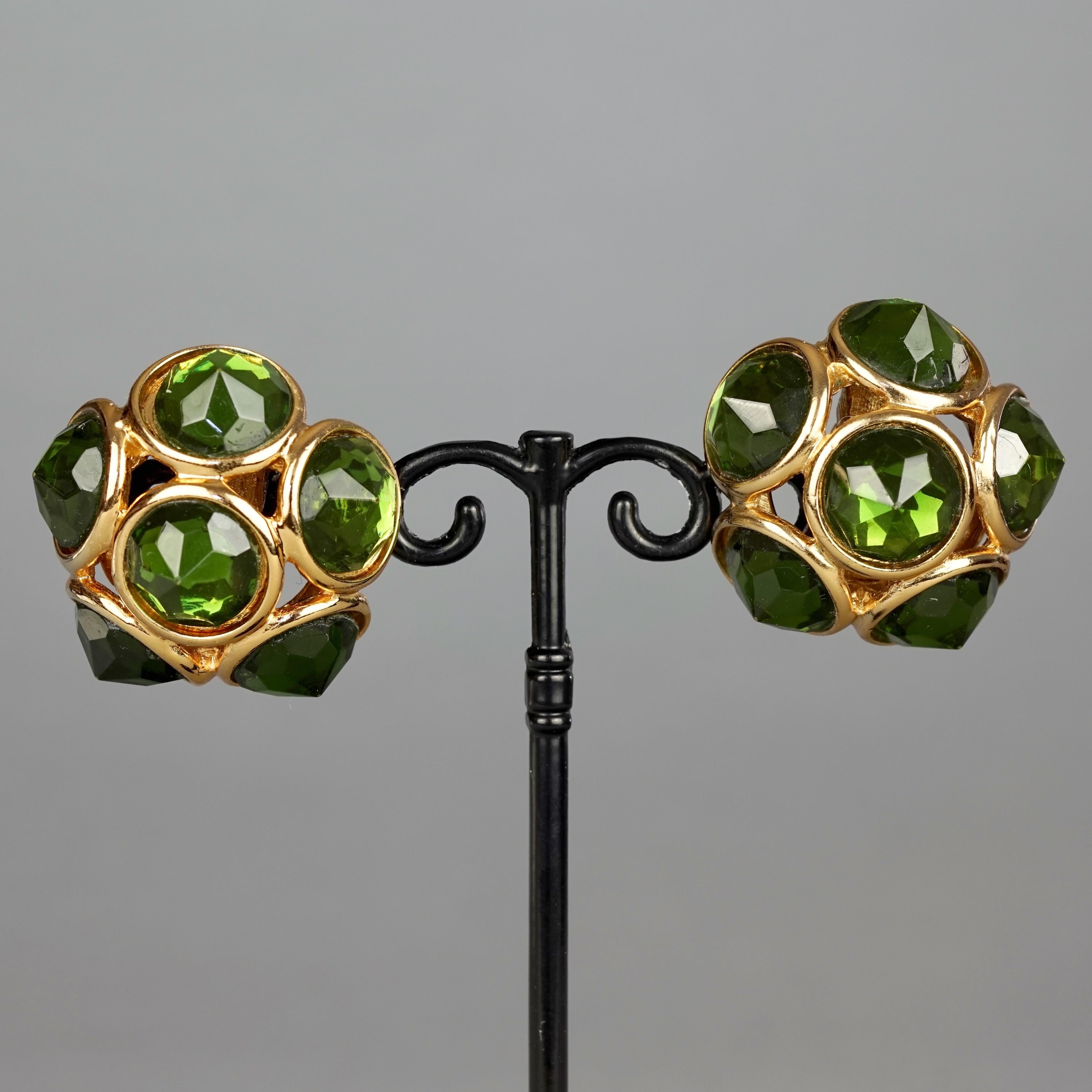 Vintage YVES SAINT LAURENT Ysl Flower Dome Green Rhinestones Earrings For Sale 2