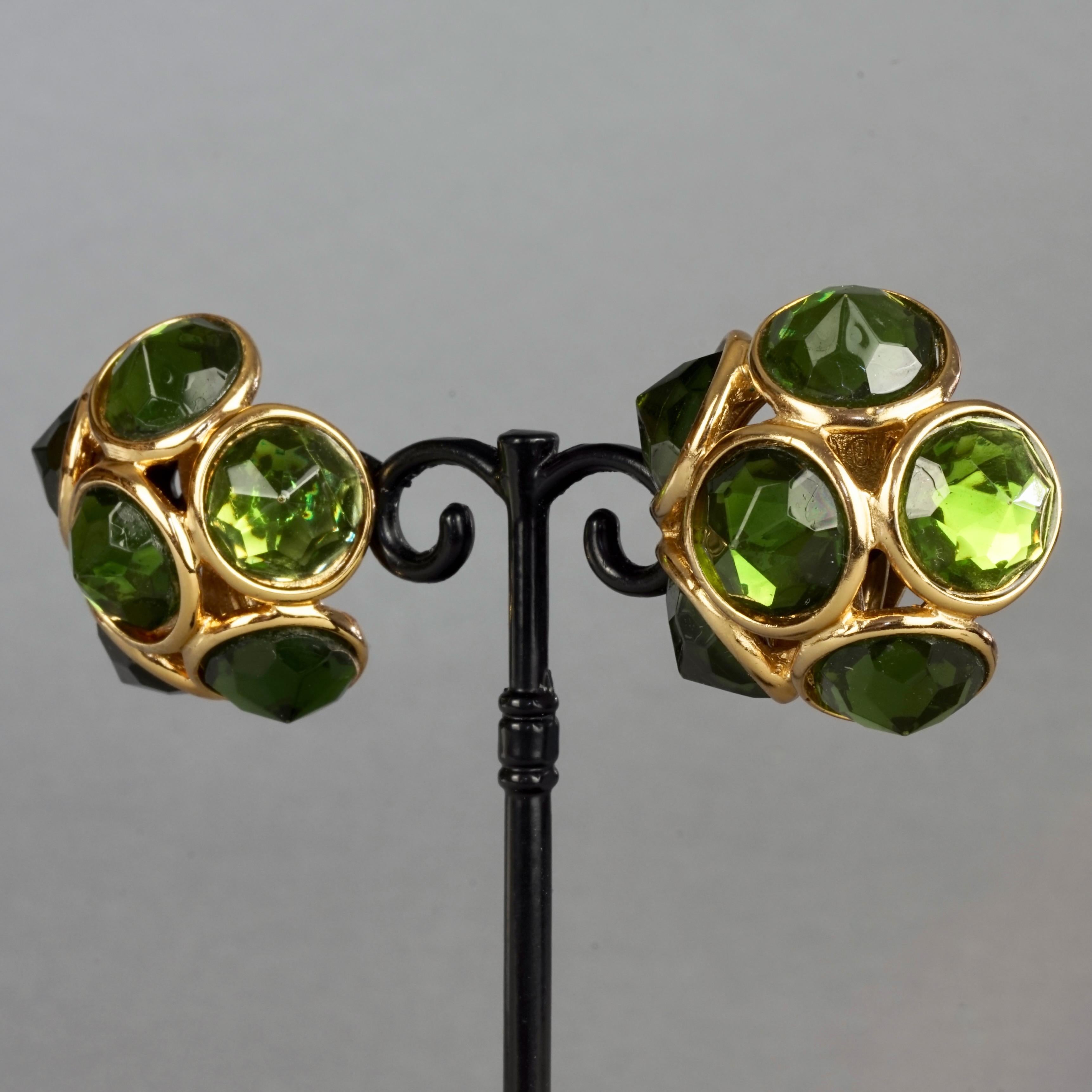 Vintage YVES SAINT LAURENT Ysl Flower Dome Green Rhinestones Earrings For Sale 3