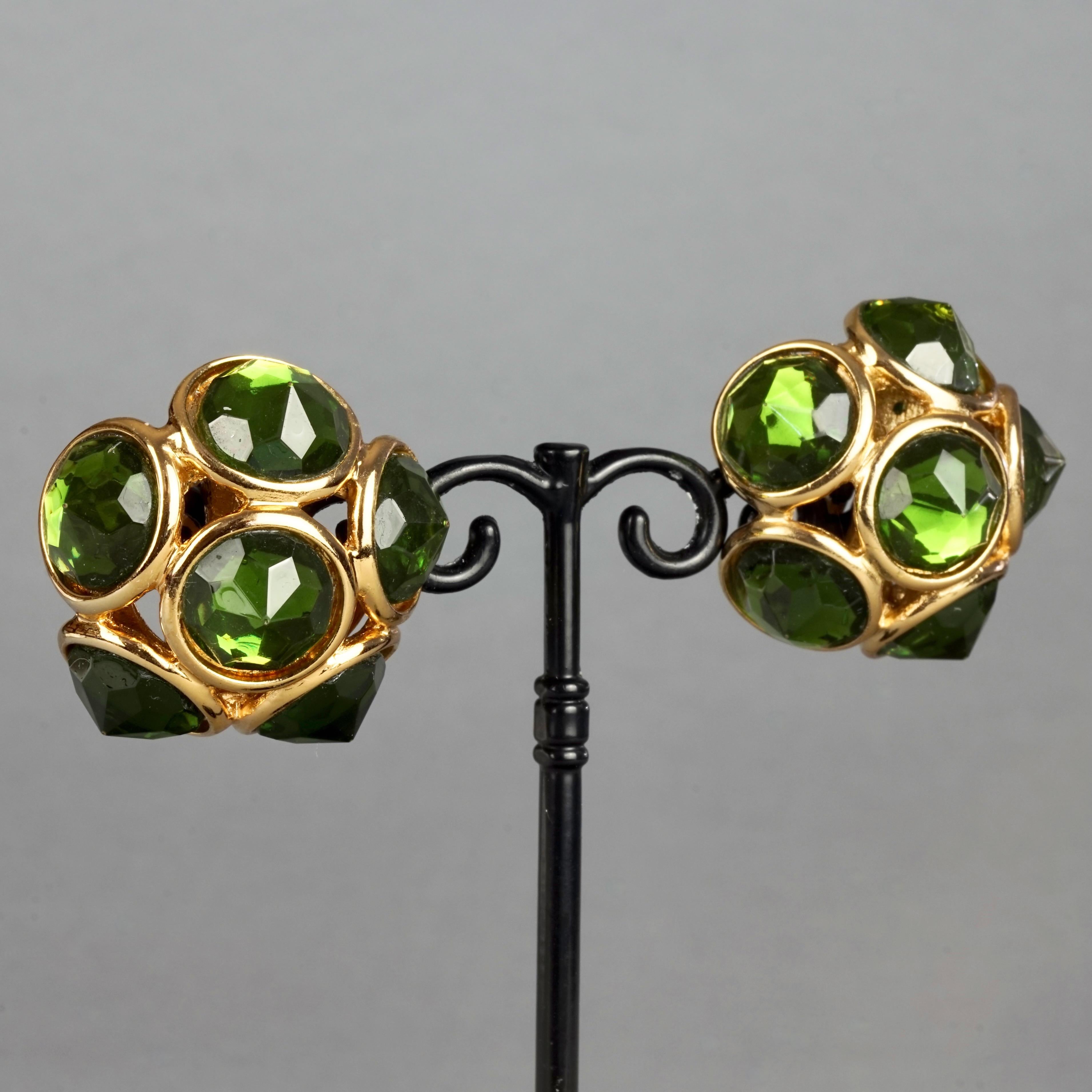 Vintage YVES SAINT LAURENT Ysl Flower Dome Green Rhinestones Earrings For Sale 4