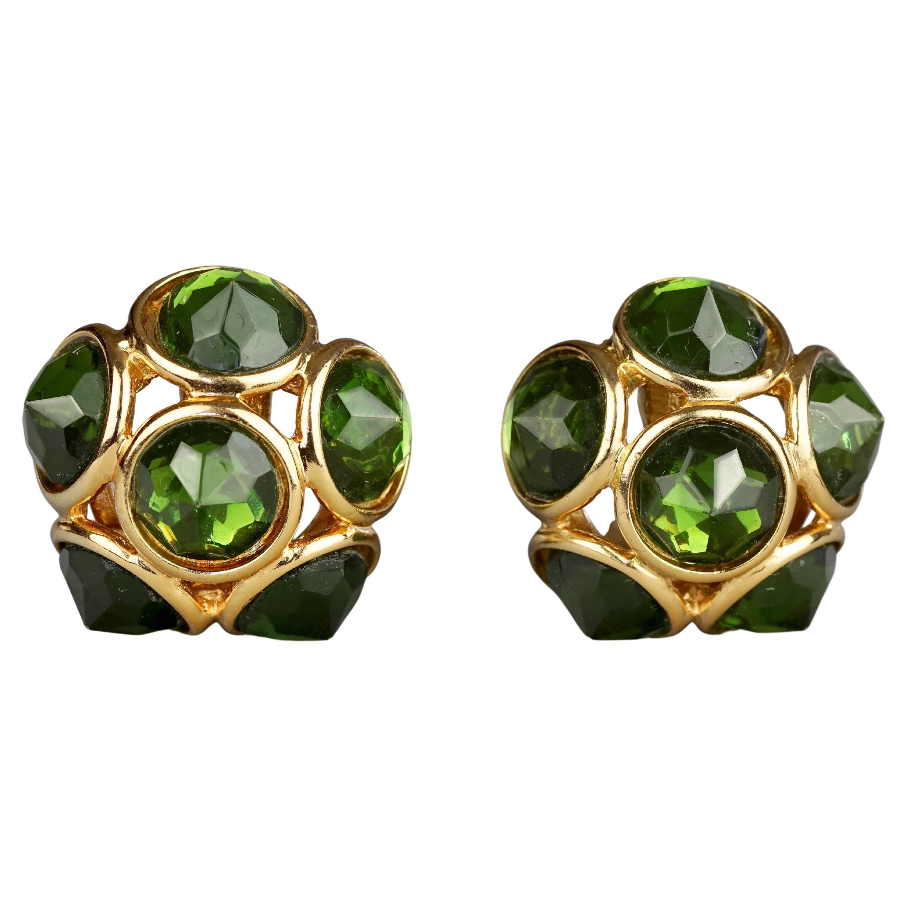 Vintage YVES SAINT LAURENT Ysl Flower Dome Green Rhinestones Earrings For Sale