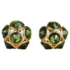 Vintage YVES SAINT LAURENT Ysl Flower Dome Green Rhinestones Earrings