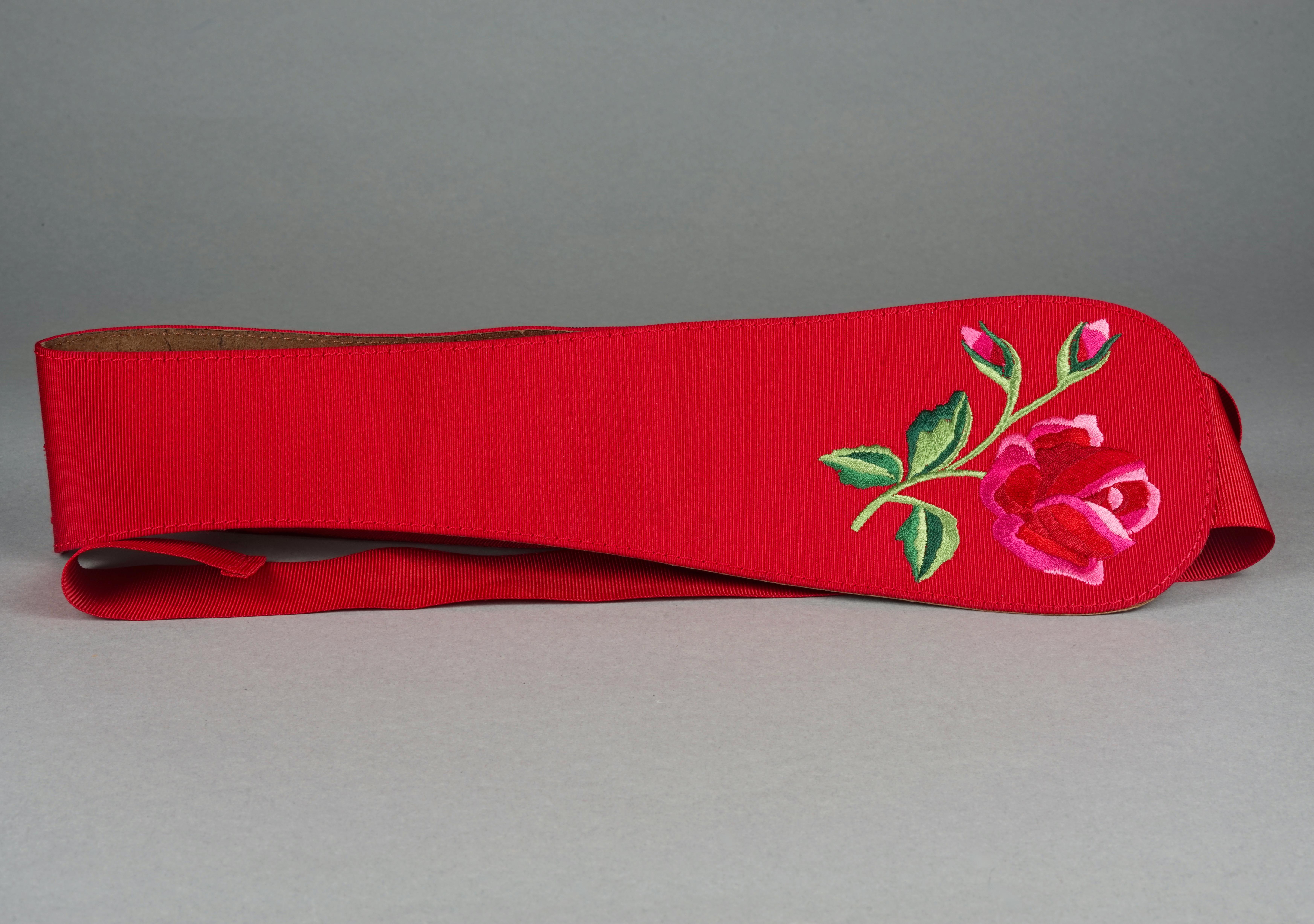 Women's Vintage YVES SAINT LAURENT Ysl Flower Embroidered Grosgrain Ribbon Red Belt For Sale