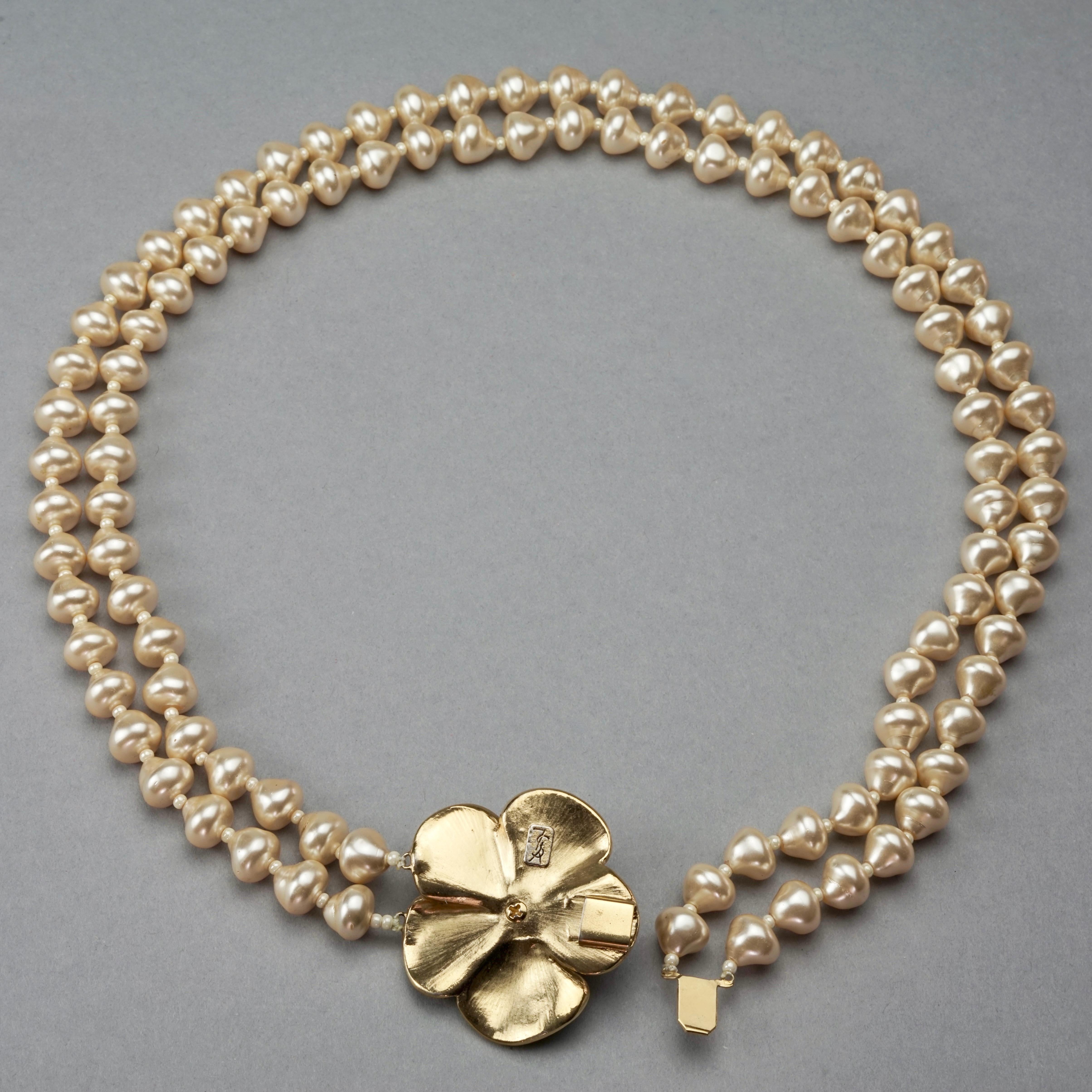 Vintage YVES SAINT LAURENT Ysl Flower Rhinestone Double Strand Pearl Necklace For Sale 5