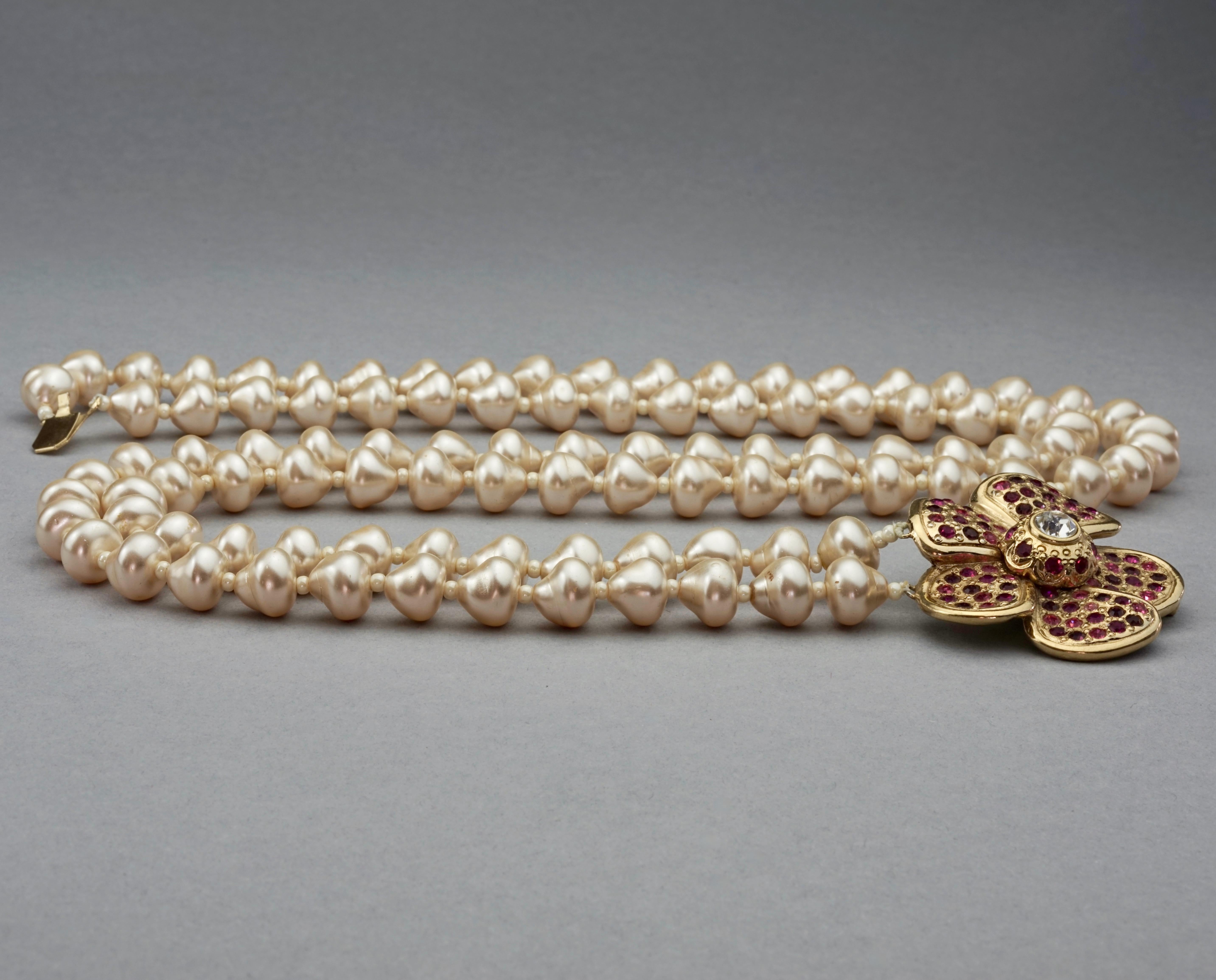 Vintage YVES SAINT LAURENT Ysl Flower Rhinestone Double Strand Pearl Necklace For Sale 1