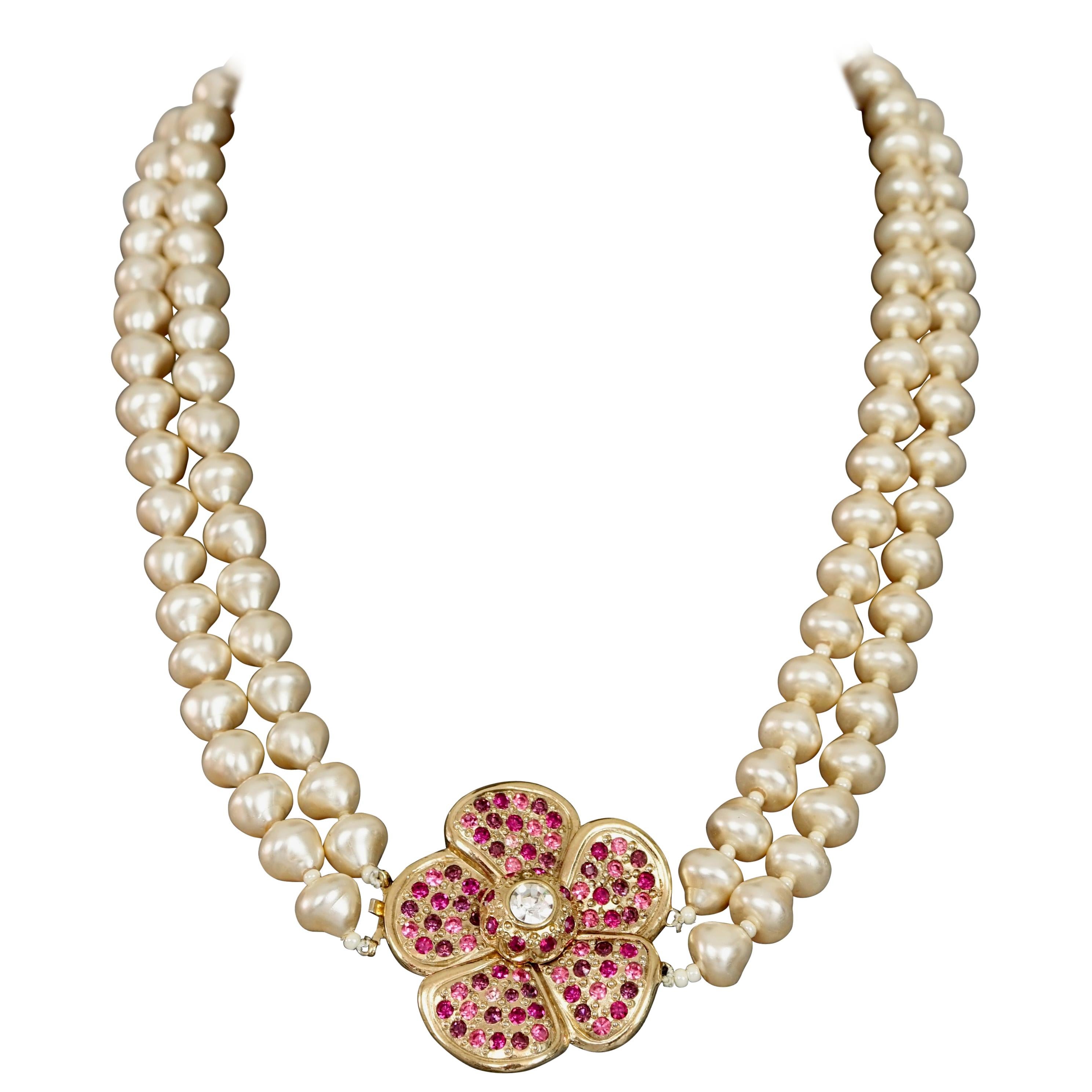 Vintage YVES SAINT LAURENT Ysl Flower Rhinestone Double Strand Pearl Necklace
