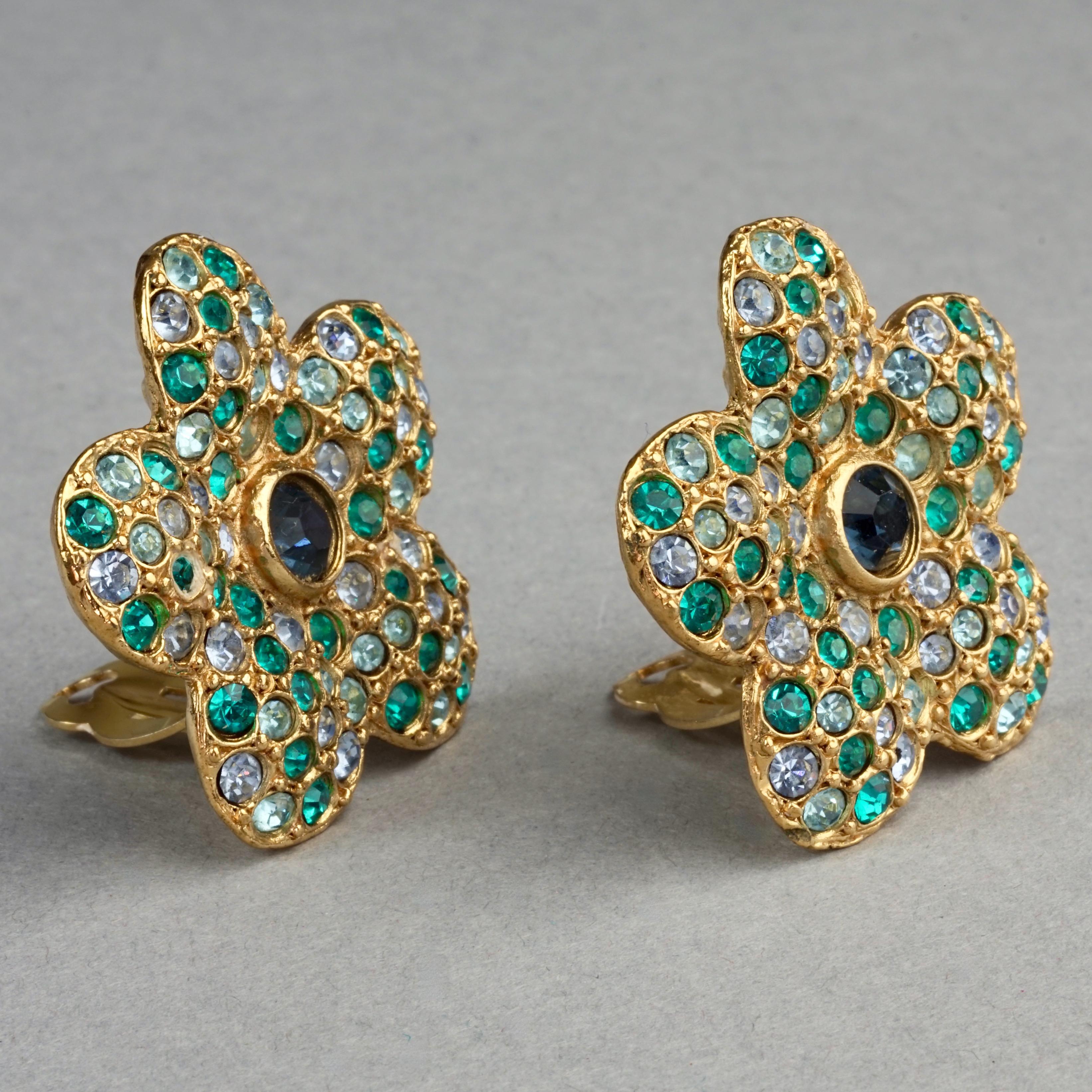 Vintage YVES SAINT LAURENT Ysl Flower Rhinestone Studded Earrings For Sale 1