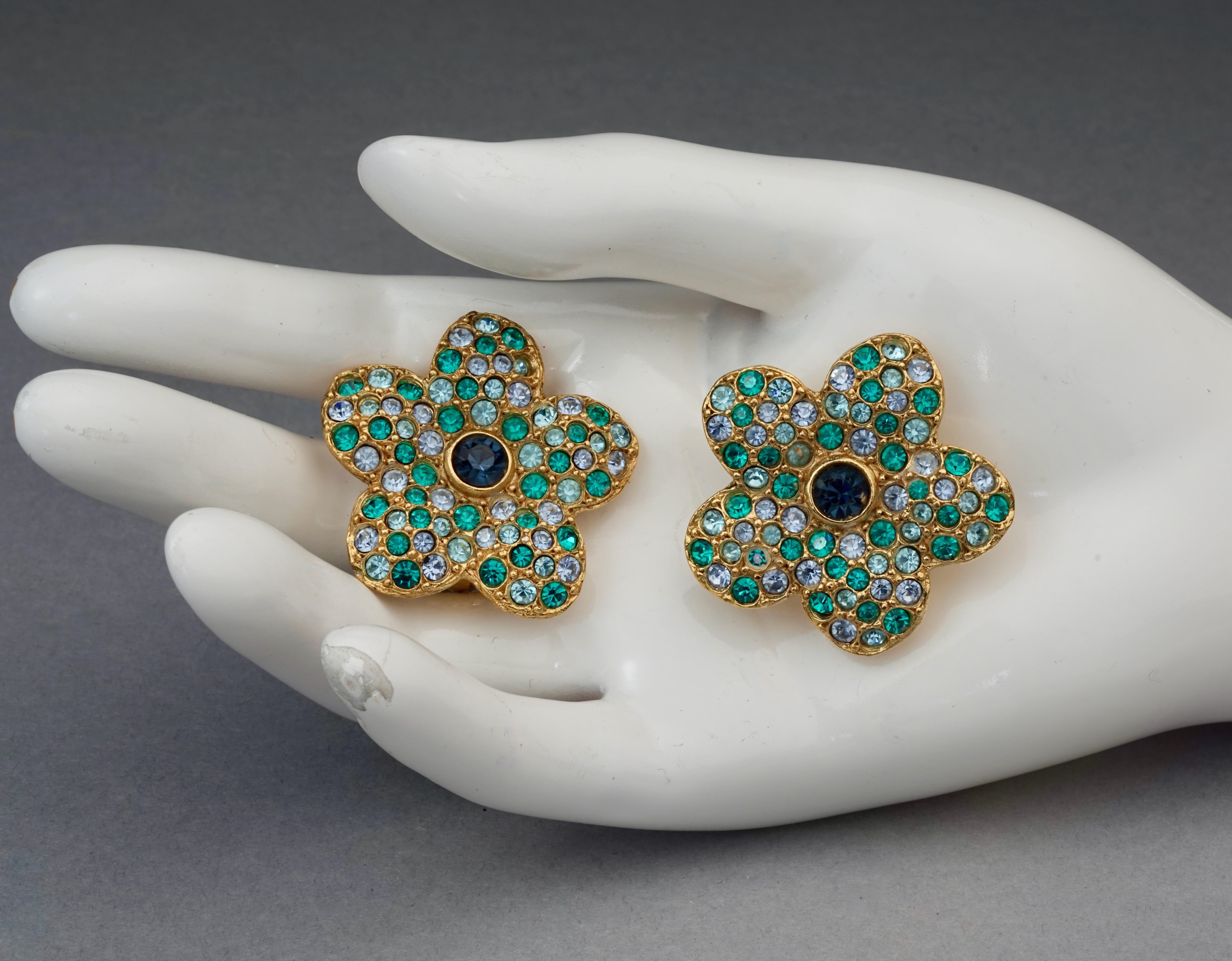 Vintage YVES SAINT LAURENT Ysl Flower Rhinestone Studded Earrings For Sale 2