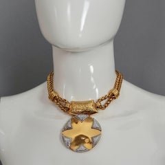 Vintage YVES SAINT LAURENT Ysl Flower Ridged Disc Two Tone Necklace