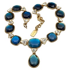 Vintage YVES SAINT LAURENT Ysl Geometric Blue and Clear Faceted Stone Necklace