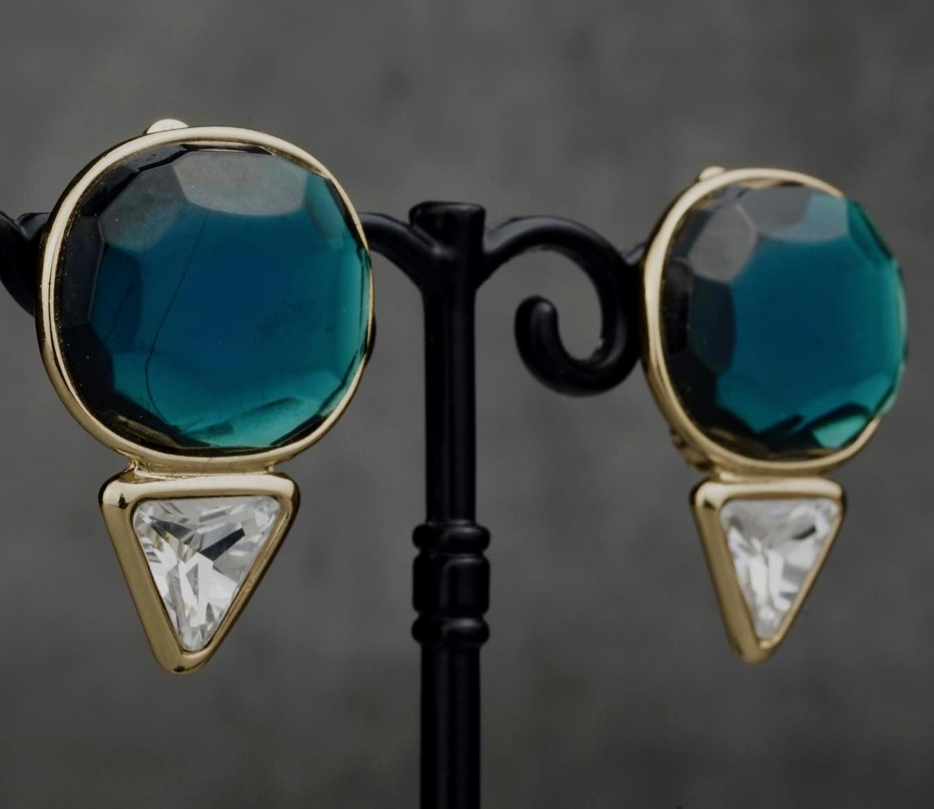 Vintage YVES SAINT LAURENT Ysl Geometric Blue Faceted Stone Earrings For Sale 3