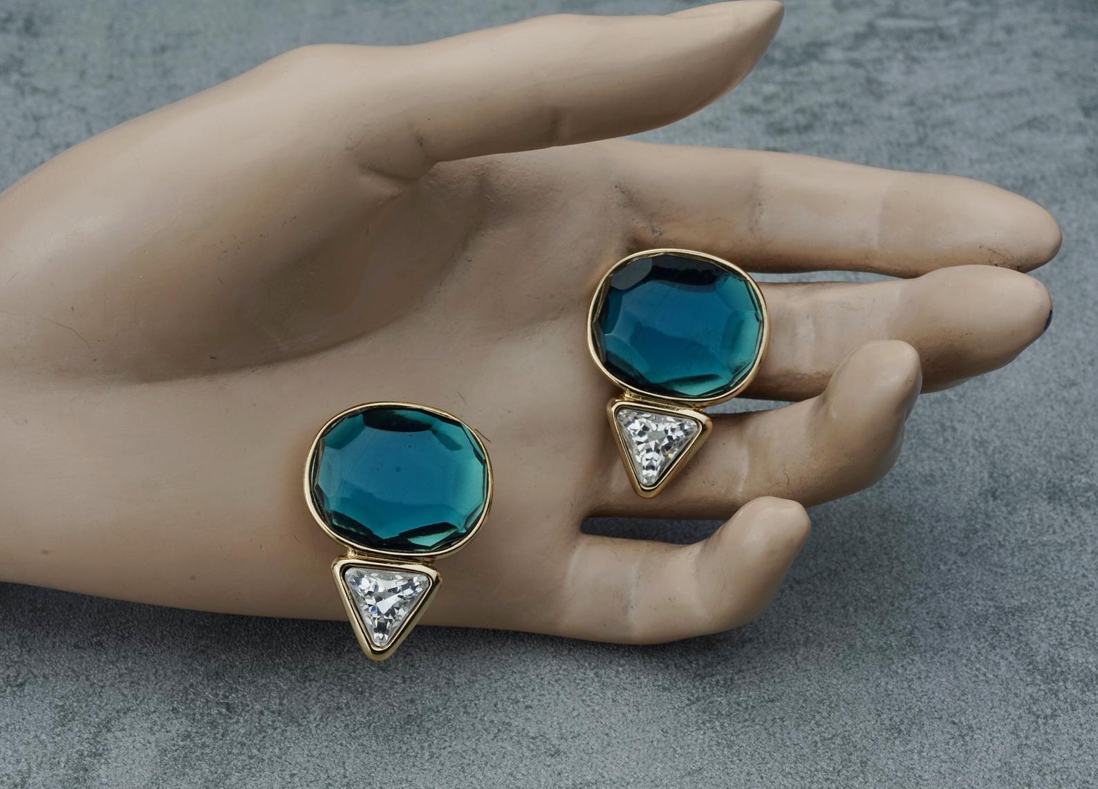 Vintage YVES SAINT LAURENT Ysl Geometric Blue Faceted Stone Earrings For Sale 4
