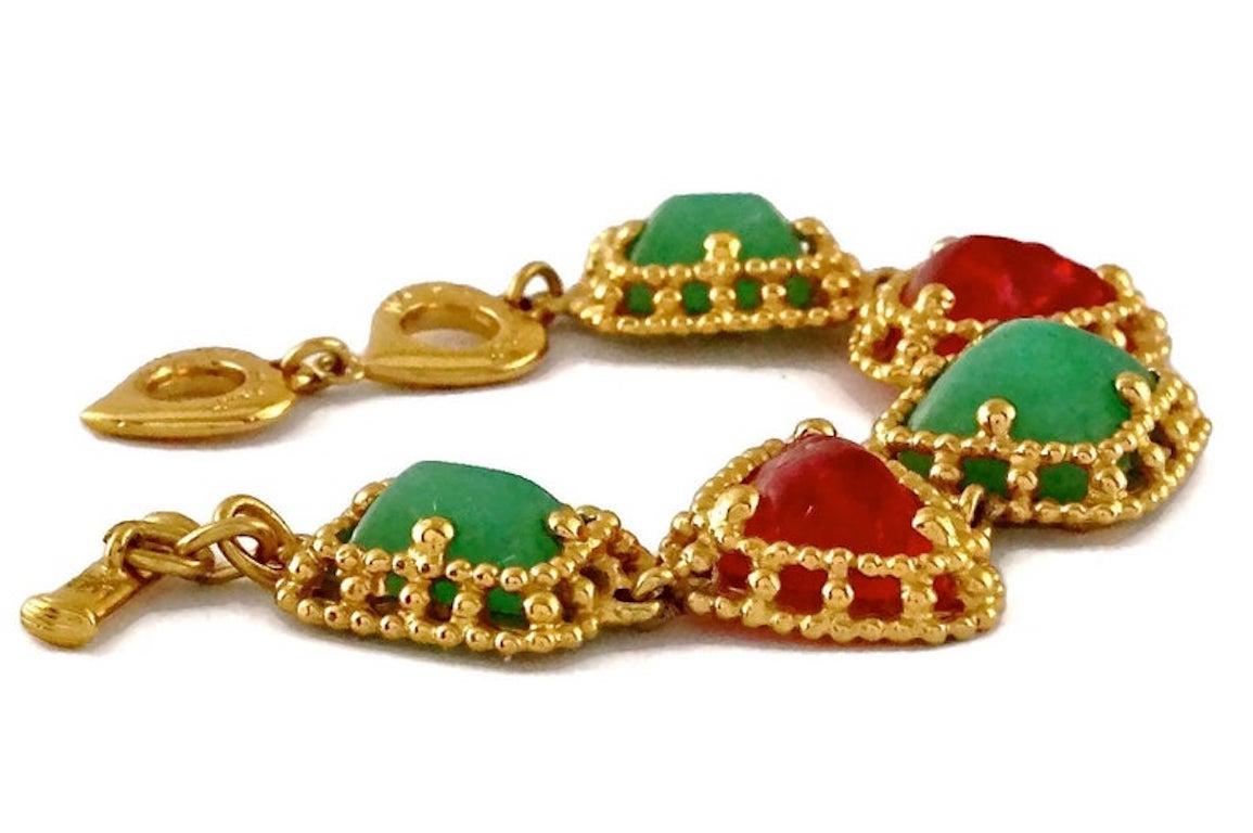 Vintage YVES SAINT LAURENT Ysl Geometric Jade Ruby Glass Poured Link Bracelet In Excellent Condition In Kingersheim, Alsace