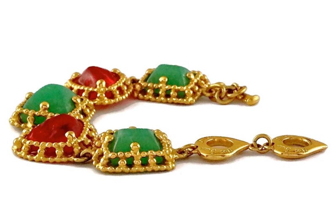 Women's Vintage YVES SAINT LAURENT Ysl Geometric Jade Ruby Glass Poured Link Bracelet