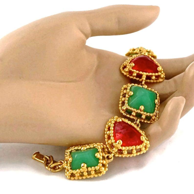 Vintage YVES SAINT LAURENT Ysl Geometric Jade Ruby Glass Poured Link Bracelet 1