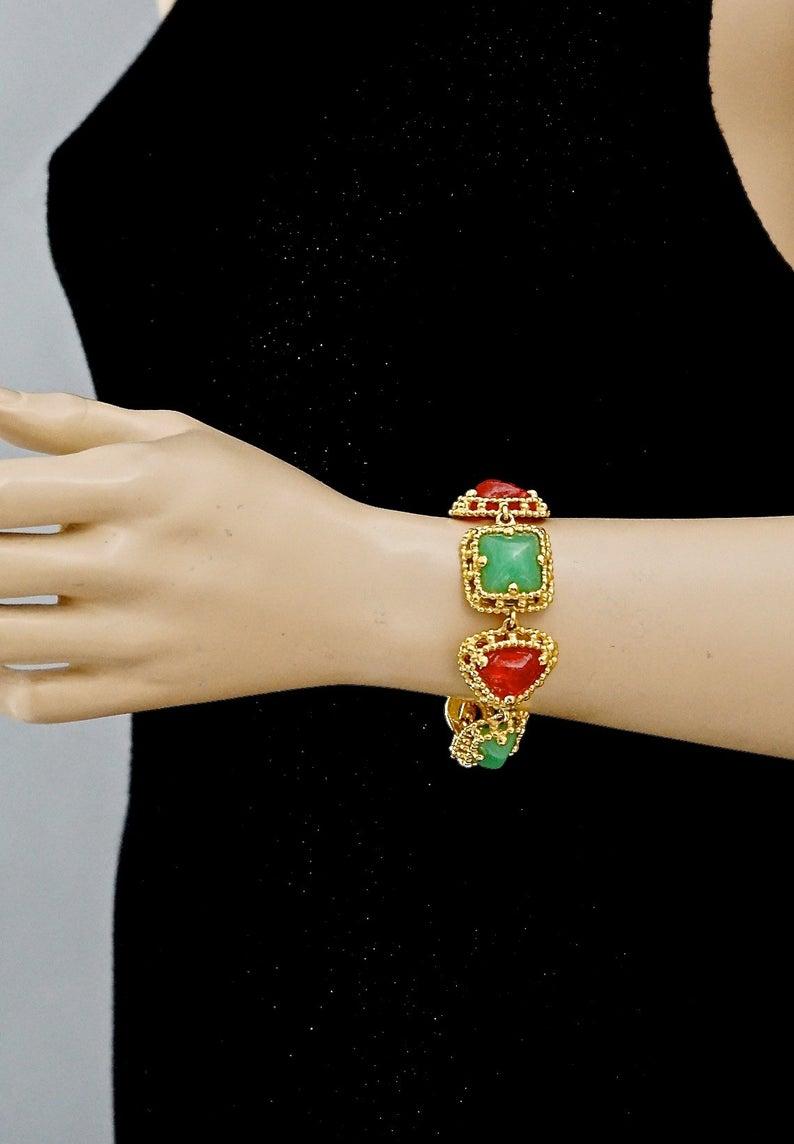 Vintage YVES SAINT LAURENT Ysl Geometric Jade Ruby Glass Poured Link Bracelet 2