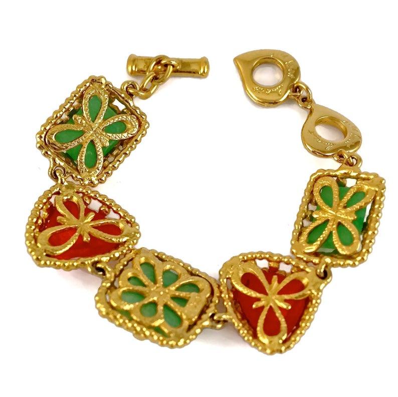 Vintage YVES SAINT LAURENT Ysl Geometric Jade Ruby Glass Poured Link Bracelet 3