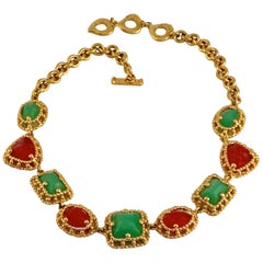 Vintage YVES SAINT LAURENT Ysl Geometric Jade Ruby Glass Poured Link Necklace