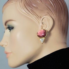 Vintage YVES SAINT LAURENT Ysl Geometric Pink Garnet Faceted Stone Earrings