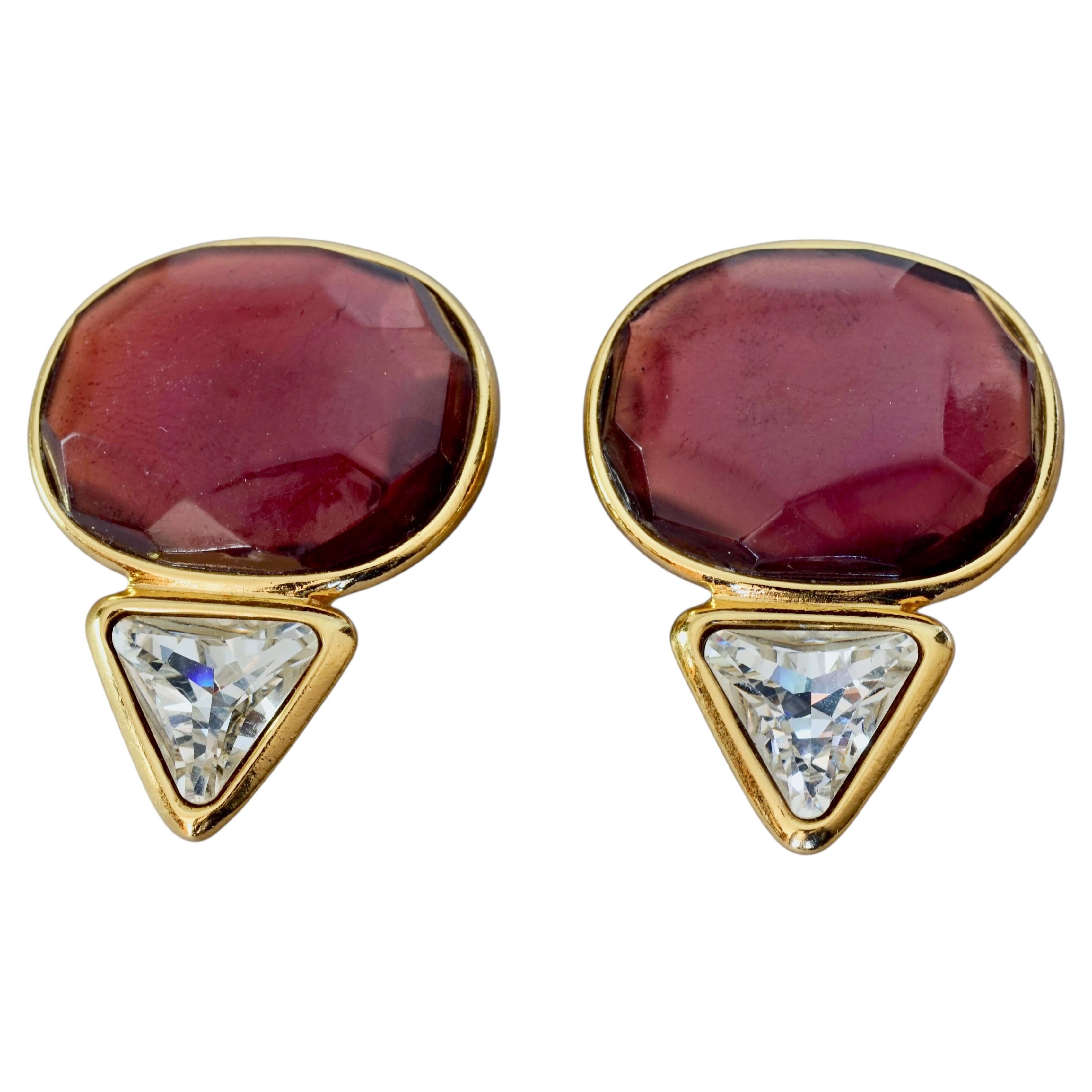 Vintage YVES SAINT LAURENT Ysl Geometric Pink Garnet Faceted Stone Earrings