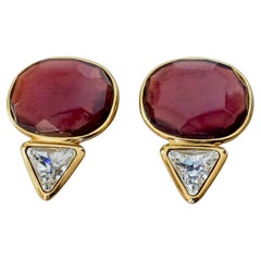 Vintage YVES SAINT LAURENT Ysl Geometric Pink Garnet Faceted Stone Earrings