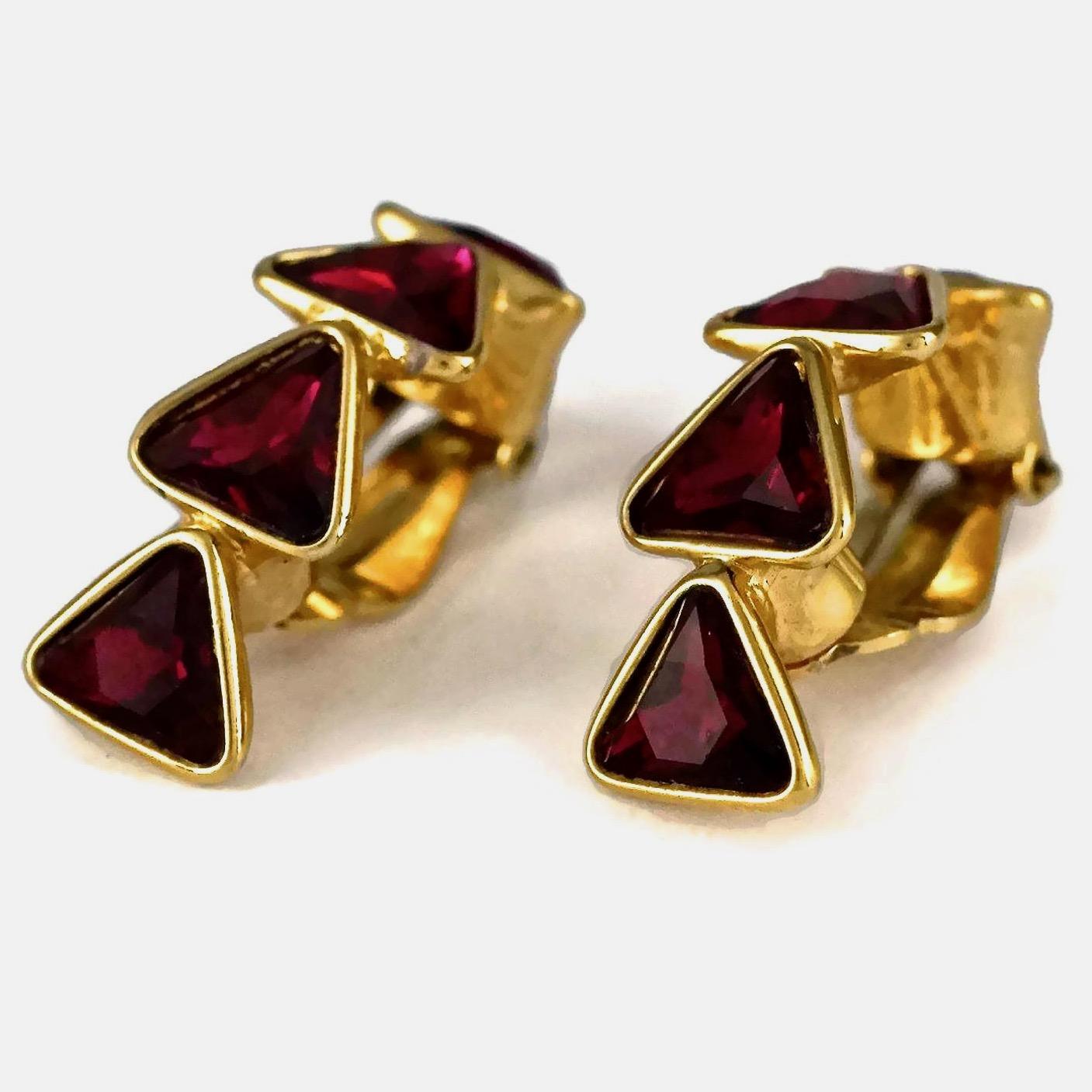 Vintage YVES SAINT LAURENT Ysl Geometric Ruby Rhinestone Earrings For Sale 1