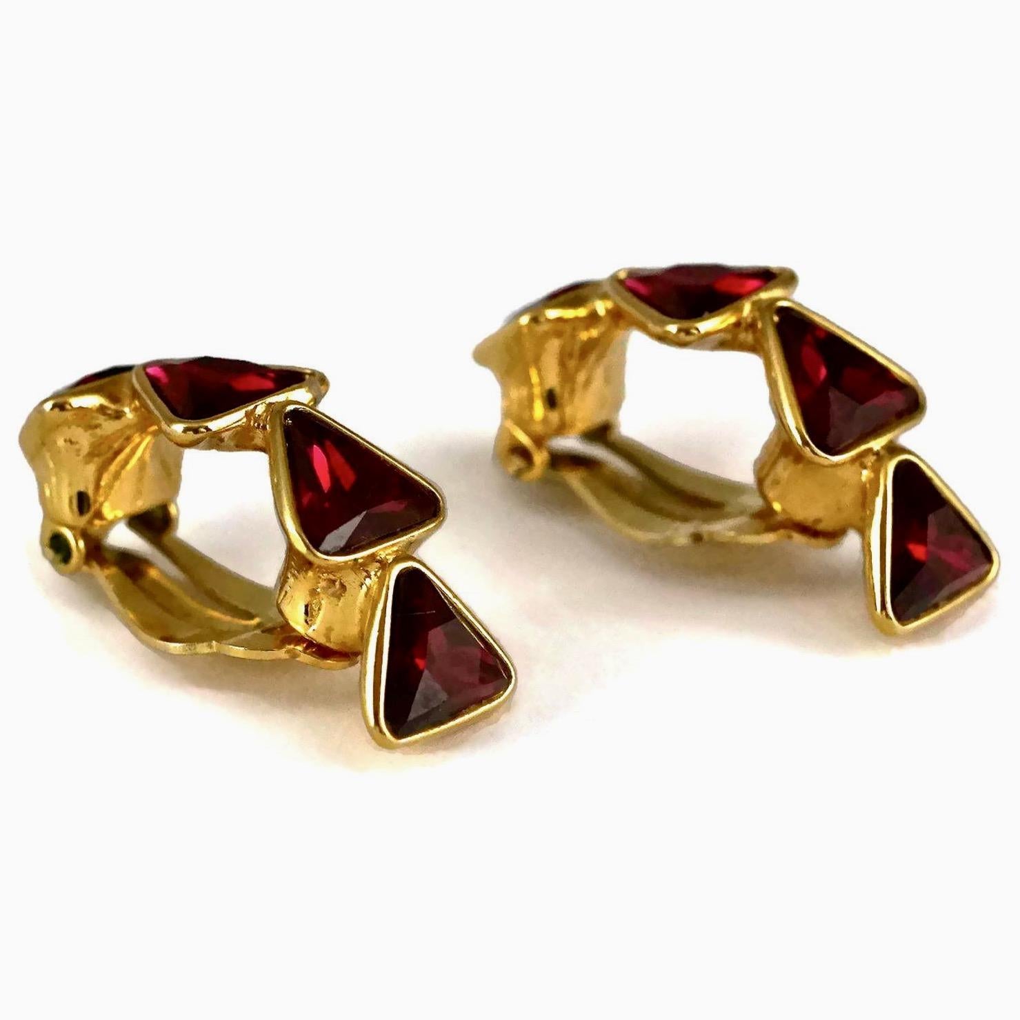 Vintage YVES SAINT LAURENT Ysl Geometric Ruby Rhinestone Earrings For Sale 2