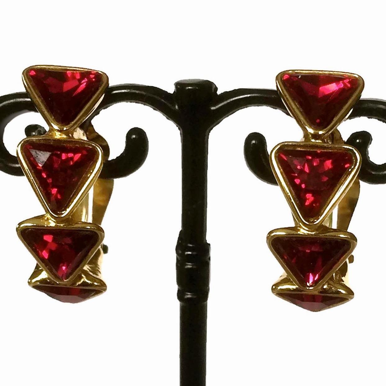 Vintage YVES SAINT LAURENT Ysl Geometric Ruby Rhinestone Earrings For Sale 4