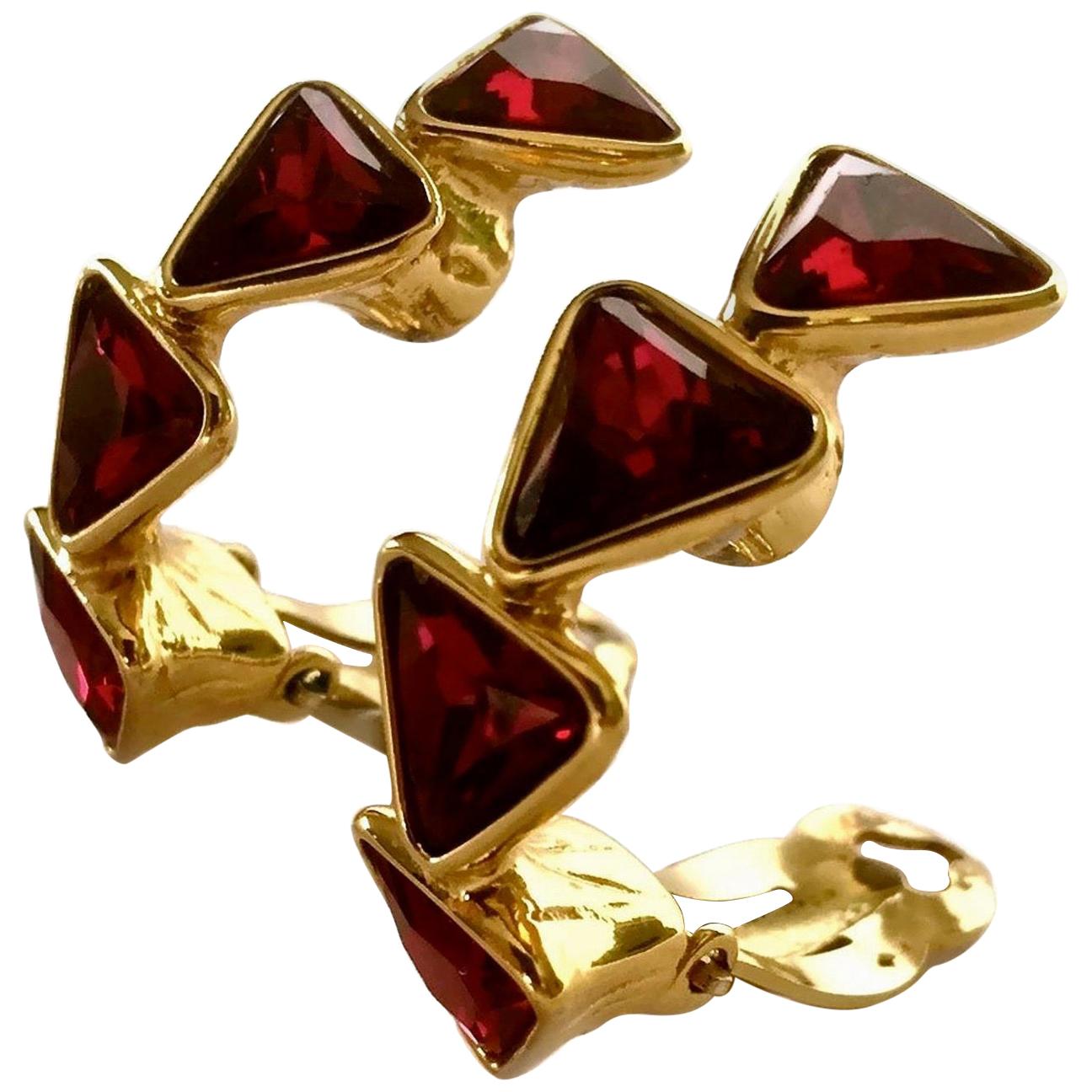 Vintage YVES SAINT LAURENT Ysl Geometric Ruby Rhinestone Earrings For Sale