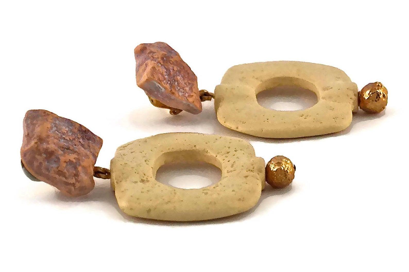 Vintage YVES SAINT LAURENT Ysl Geometric Textured Stone Resin Earrings 4