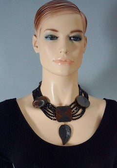 Vintage YVES SAINT LAURENT Ysl Geometric Wood Marquetry Multi Layer Bead Necklac
