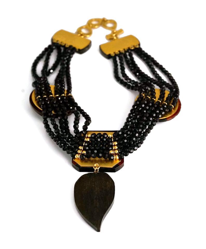 Vintage YVES SAINT LAURENT Ysl Geometric Wood Marquetry Multi Layer Bead Necklac For Sale 1