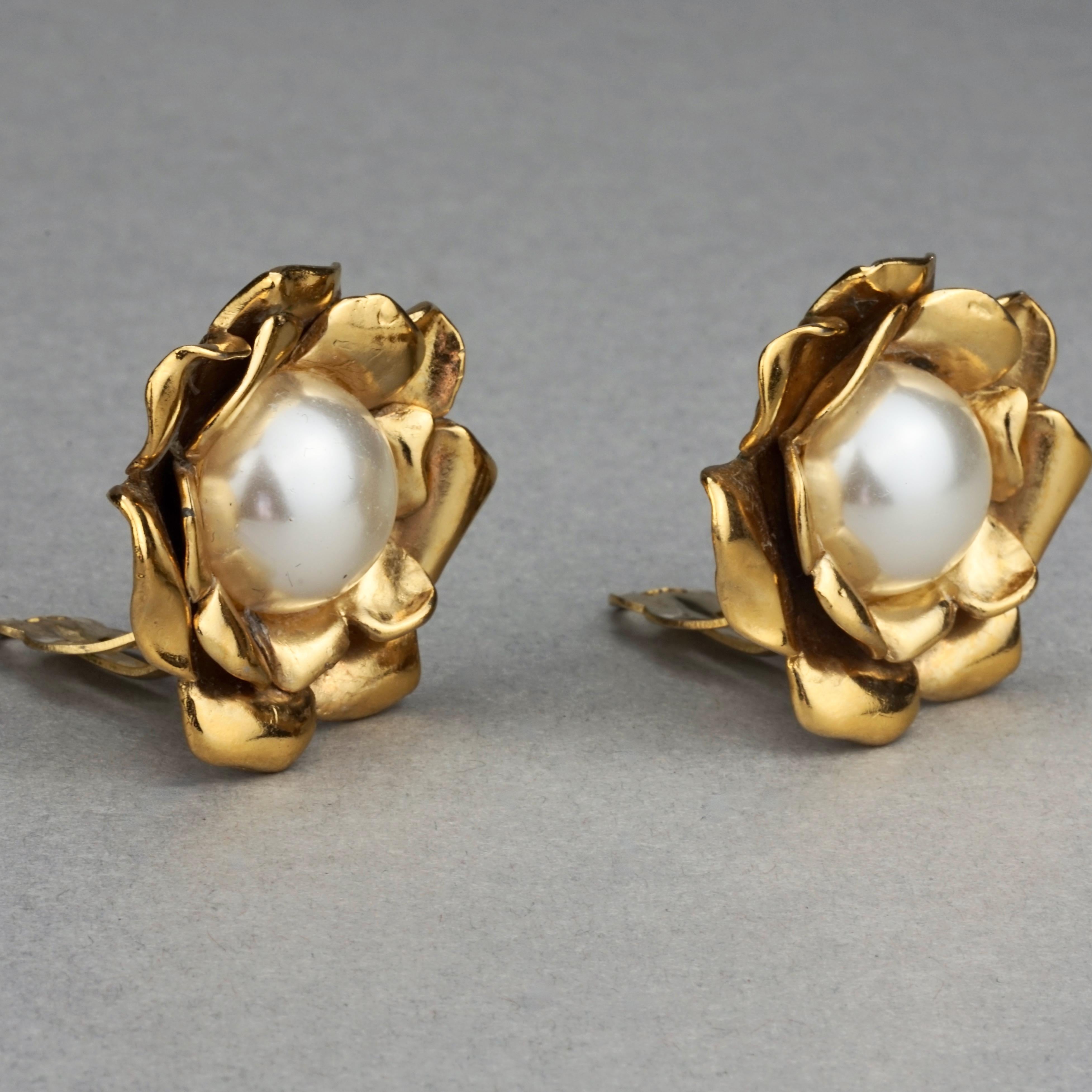 Vintage YVES SAINT LAURENT Ysl Gilt Flower Pearl Earrings For Sale 1